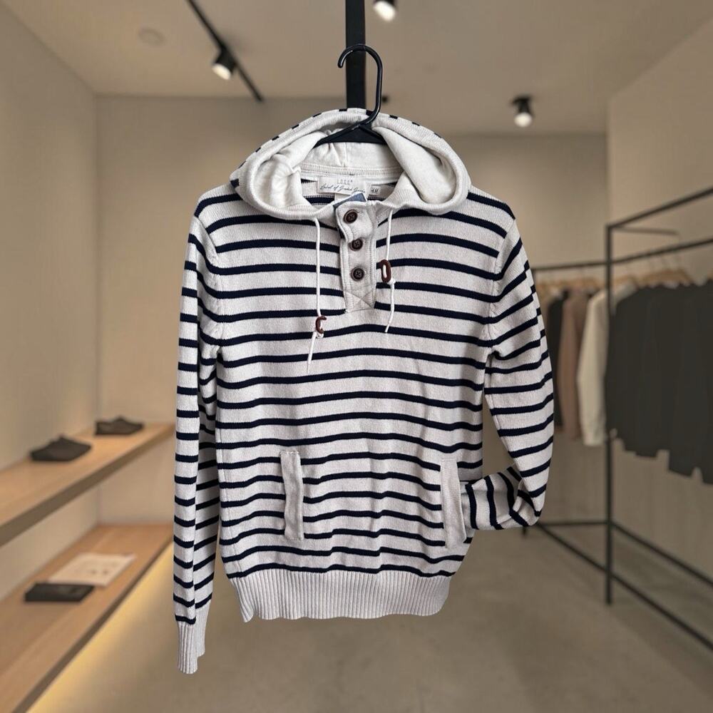 H&M L.O.G.G. Women's Striped Henley Pullover Hoodie Pockets M White Navy